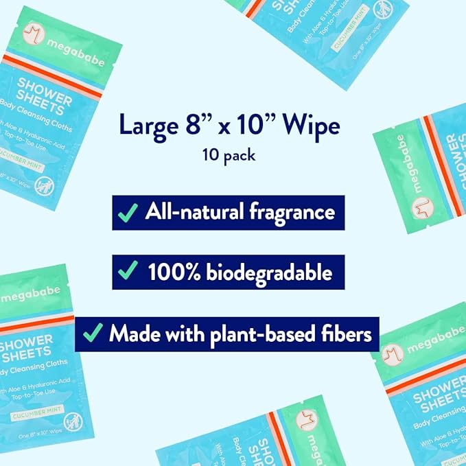 Megababe Cucumber Mint Shower Sheets | Individually Wrapped Body Cleansing Cloths | 10 Wipes (Pack of 1)