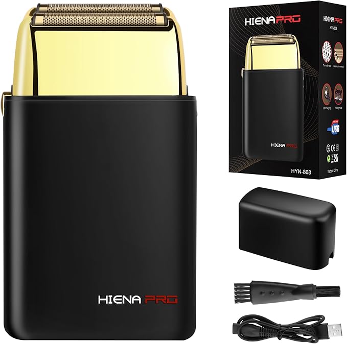 HIENA PRO Foil Shaver for Men Barber, Double Electric Foil Trimmer, Professional Electric Razor, Close Shaver, Cordless Rechargeable with USB, Black Gold