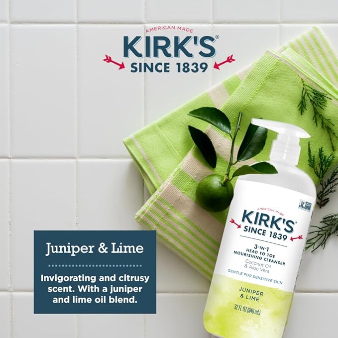 Kirk's 3-in-1 Head to Toe Nourishing Liquid Cleanser & Travel Size Bar Soap - for Men, Women & Children - Premium Coconut Oil and Aloe Vera- Non GMO & Vegan -Juniper & Lime - 32 Fl Oz. 2 pack