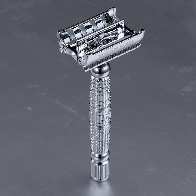 VIKINGS BLADE Double Edge Safety Razor for Men + 5 Swedish Steel Blades + Luxury Case. Long Handle. Smooth, Reusable, Eco-Friendly (The Vulcan)