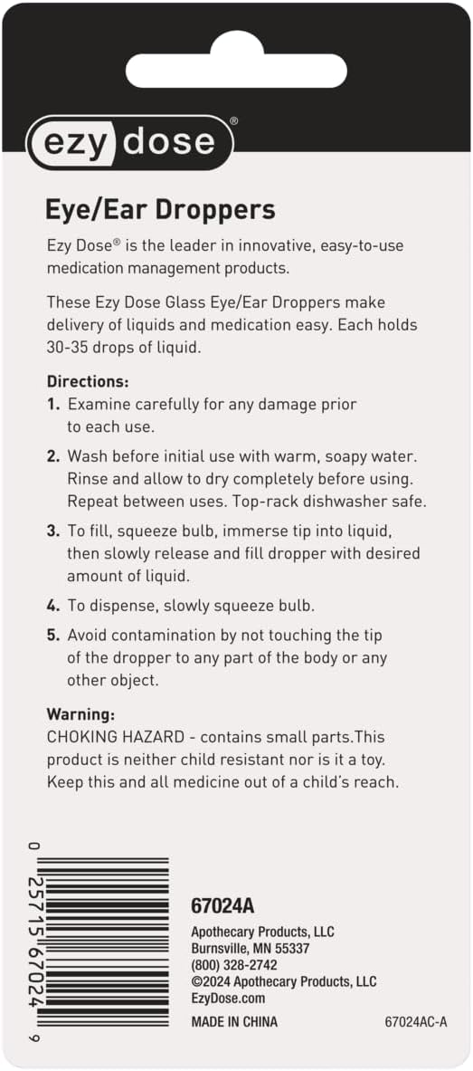 EZY DOSE Ear and Eye Medicine Dropper for Liquid Medicine, 1ml Capacity Glass, Deliver Correct Dose, 12 Count, Convenient and Easy to Use, BPA Free, Made in The USA