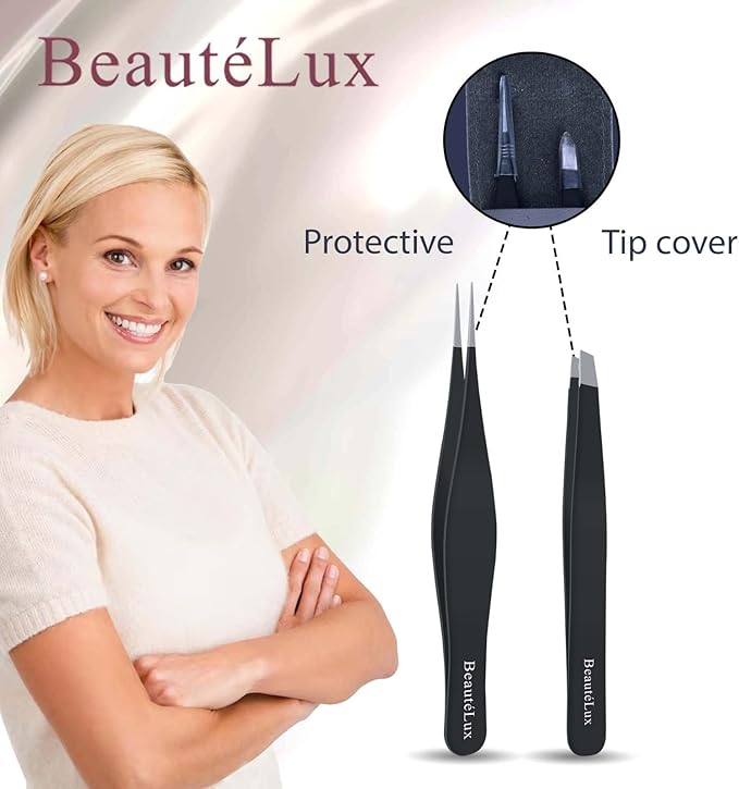 Precision Tweezer Set, Pointed tip & Slant Tip Tweezer for women & men, Stainless Steel eyebrow Tweezers, Stocking Stuffer, tweezer for Chin hair, Ingrown Hair Removal, Black tweezers with case