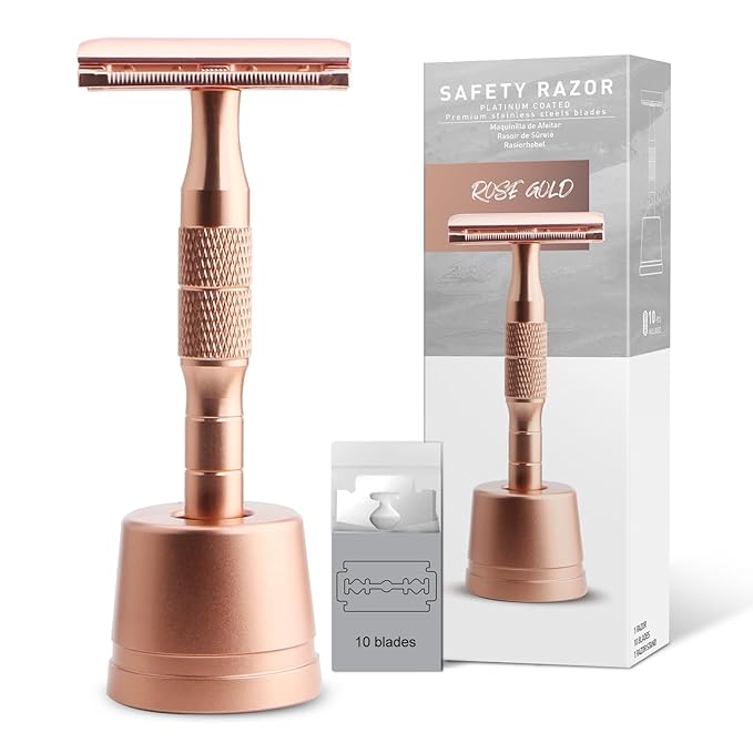 Rose Gold Double Edge Safety Razor with Stand, Single Blade Razors for Women and Men, Reusable Metal Razor, with 10 Double Edge Blades, Smooth & Close Shave, Plastic Free