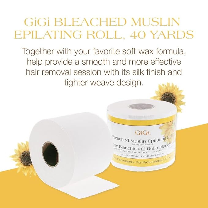 GiGi Bleached Muslin Epilating Roll for Soft Wax – Professional Hair Removal Waxing Strip Roll, 40 Yards