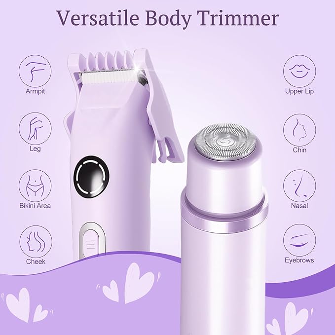 Bikini Trimmer for Women, 4 in 1 Wet/Dry Electric Razors for Women - Dual Head, Painless Rechargeable Portable Womens Razors for Shaving Set for Face, Nose, Eyebrows, Armpits, Bikini Area (Purple)