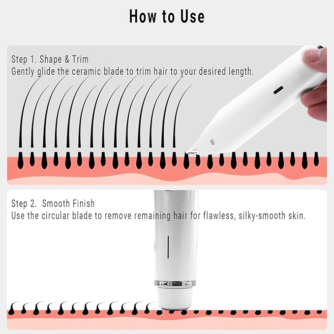 2-in-1 Bikini Trimmer for Women, Bikini Shaver with Dual Heads, Body and Facial Hair Removal, Rechargeable Cordless Electric Razors for Face Chin Pubic Underarm Legs, IPX7 Waterproof, White