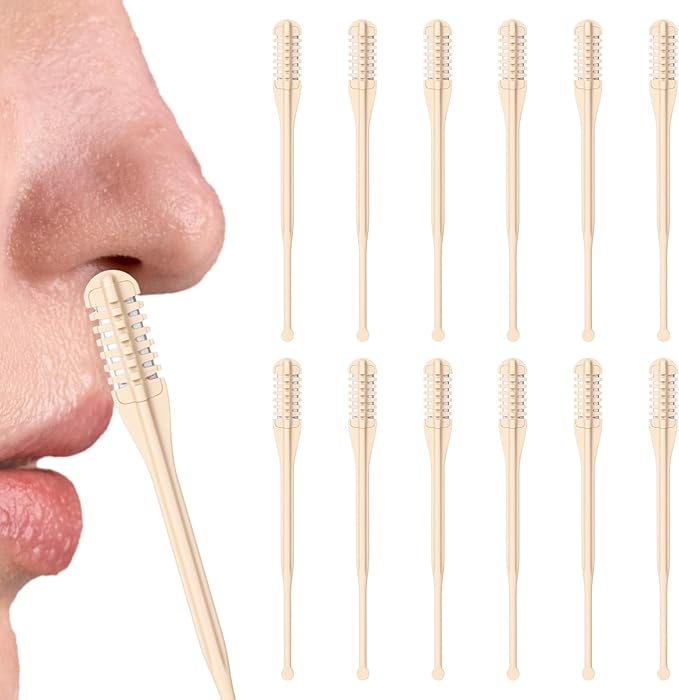 12 Pcs Nasal Hair Cutter, Double-Sided 2-in-1 Nose Hair Remover Tool Knife Portable Manual 360° Rotating Nasal Trimmer with Ear Picker Individually Packaged for Women Men