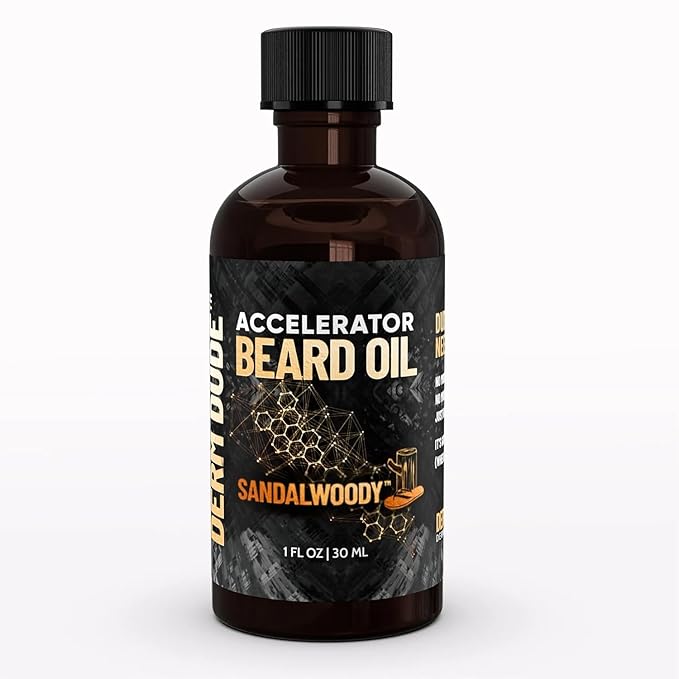 Derm Dude Accelerator Beard Growth Oil for Men | With Castor Oil & Jojoba Oil for Hair Growth | Promotes Thicker Fuller Beard | Hydrate & Soften Facial Hair, Non-Greasy - SandalWoody 1oz