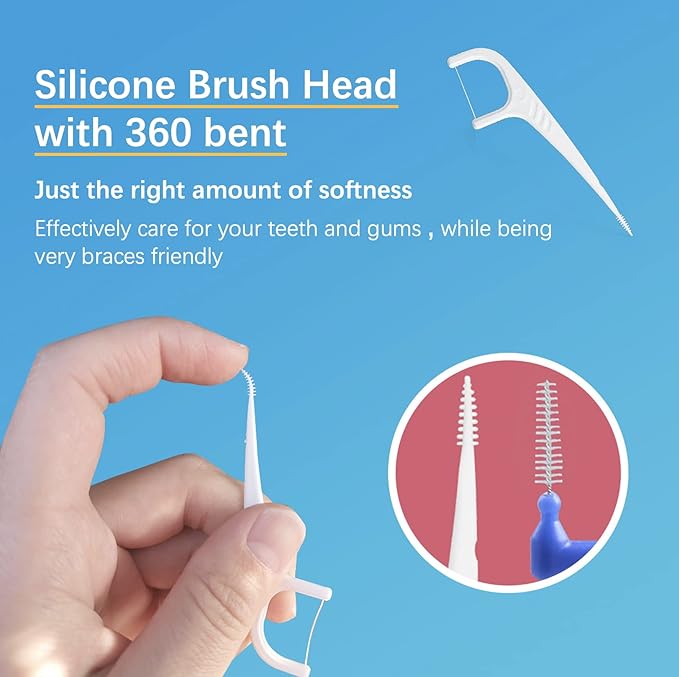 Floss Picks and Interdental Brushes 2 in 1, One End is 0.05mm Soft Floss Sticks, The Other End is Floss Brush, Used as Toothpick, Very Smart Floss Sticks Holder Box Design for Travel Floss (150)