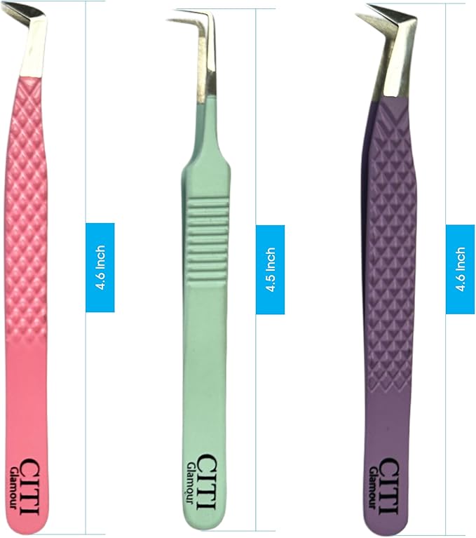 Lash Tweezers For Eyelash Extension Pack of 3 Volume,90 Degree,Boot Volume with Precision Fiber Tip in pastel shade with Diamond Grip (Pack of 3 - Pastel Colors)