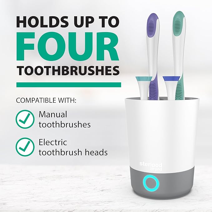 Steripod Brand UV Home Countertop Toothbrush Sanitizer, Reduces Harmful Microorganisms, Toothbrush Holder and Cleaning Station, Holds Four Toothbrushes