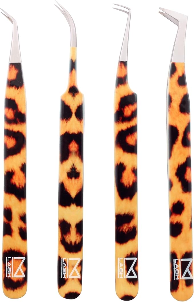 M LASH Tweezers for Eyelash Extensions (Set of 4) - Professional Lash Extension Tweezers - Fiber Tip, Japanese Steel, Diamond Grip Eyelash Extension Tweezer set (Leopard Prints)