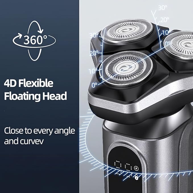 Electric Razor for Men.Wet/Dry Rotary Shaver Waterproof - USB Fast Charging & Sensitive Skin Care. 3-Blade Rotary Shaving System.LED Display, Travel LockGray