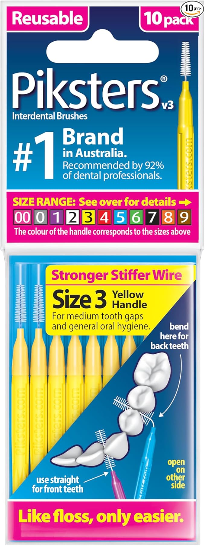 Piksters Interdental Brushes, 10 pk, Size 3, Interdental Tooth Brush for Medium Teeth Gaps, Gum Soft Bristles for Plaque Removal, Safe for Braces