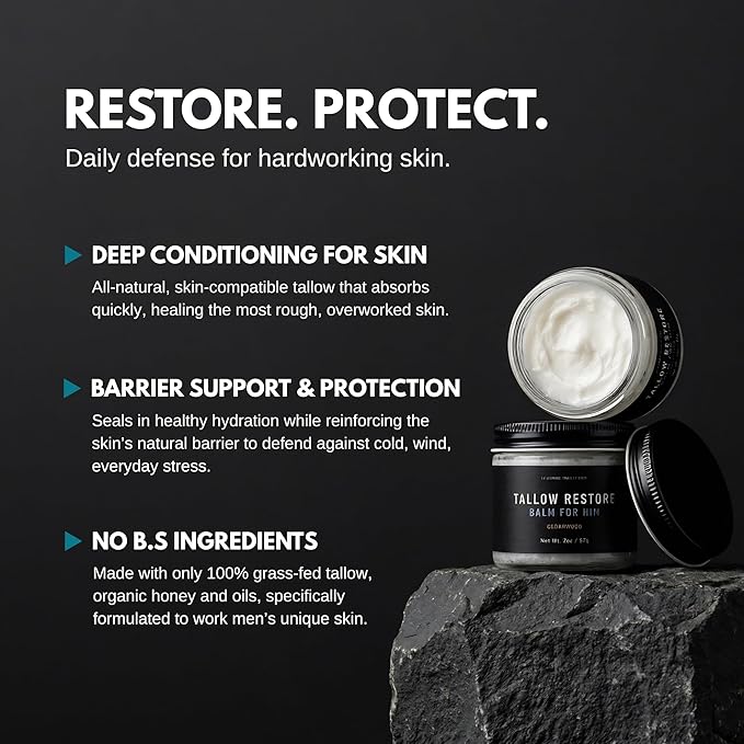 Beef Tallow Restore Balm For Men - Whipped Grass-Fed Beef Tallow Balm Moisturizer for Face Hydration - Anti Aging Skin Cream - Natural Facial Skincare Lotion with Essential Oils (2oz, Unscented)