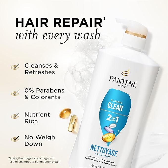 Pantene 2-in-1 Shampoo & Conditioner, Classic Clean - Pro-V Nutrients for Dry, Color-Treated Hair, Healthy Looking Hair Every Wash, Antioxidant-Rich, 27.7 Oz Each, 2-Pack + Rescue Shot (0.5 Oz)