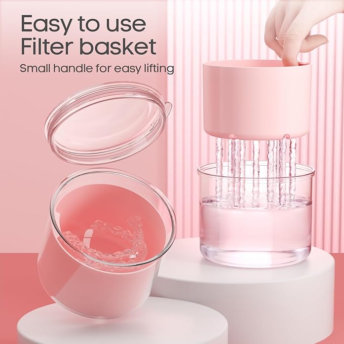 Denture Bath Cup with Cleaning Brush, Large Soaking Container with Strainer Basket for False Teeth & Night Guard, Oral Care Storage Holder for Home Use, Pink