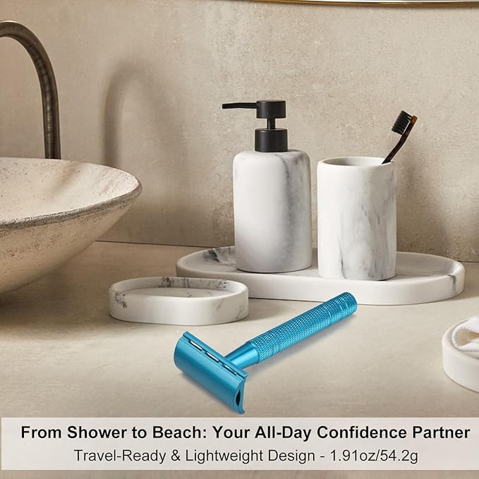 Double Edge Safety Razor with Stand, Single Blade Razors for Men and Women, with 10 Stainless Steel Double Edge Blades, Smooth and Close Shave, Plastic Free, Blue