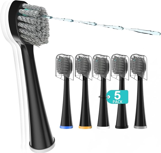 Replacement Brush Heads for Waterpick Sonic Fusion 2.0 - Flossing Toothbrush Head for Water pik with Color-Coded Rings & Hygienic Caps - 5 Pack Black Hard Bristles - Compact Size