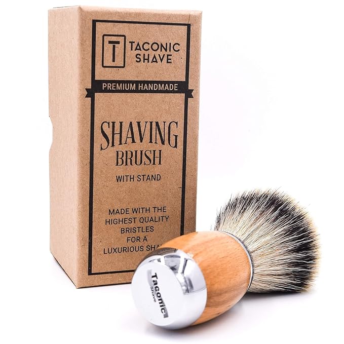 Taconic Shave Synthetic Silvertip Luxury Shaving Brush – Premium 22 mm Knot, Ultra‑Soft Bristles, Beechwood Handle, Includes Acrylic Stand & Gift Box