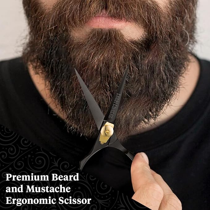 Charlemagne Hand-Forged Japanese Steel Beard & Mustache Scissors - 5.5in, Black - Precision Cutting & Beard Trimming Kit - Sharp Blades & Mustache Grooming Kit - Versatile Nose & Hair Scissors