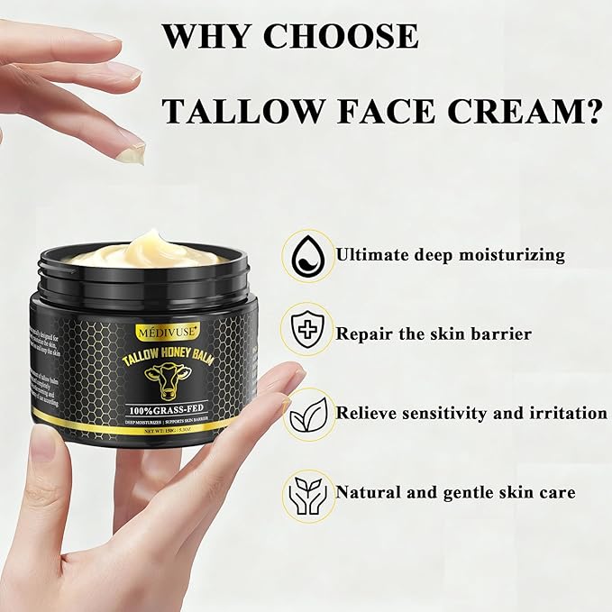 MediVuse Tallow and Honey Balm - 100% Grass-Fed Beef Tallow for Skin with Organic - Deeply Moisturizing Beef Tallow for Face Body - Natural Formula Care for Dry & Sensitive Skin(5.3 OZ), Raw Honey