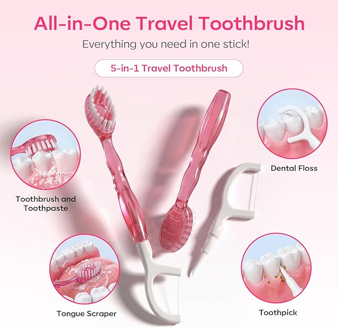 FAMILIFE Travel Toothbrush - 5 in 1 Mini Disposable Toothbrush with Toothpaste, Floss Picks & Tongue Scraper, Individually Wrapped Prepasted Brush for Weekend, Business Trip & Camping (Peach, 24pcs)