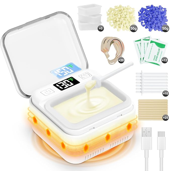 Nose Wax Kit Women Men,Nose Hair Waxing Kit with Adjustable LED Display,Ear Hair Removal Kit for Men 100 g Wax 70 Applicators,Constant Temp,USB Heated,Pocket-Size,White