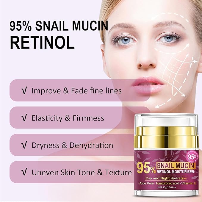Retinol Cream for Face, Snail Mucin Face Moisturizer with Retinol and Hyaluronic Acid, Anti Aging Face Cream for Women and Men Day & Night Lifting & Firming Anti Wrinkle for All Skin Types 1.76 Fl Oz