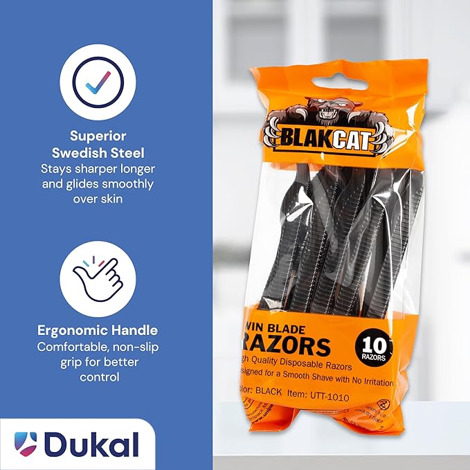 Dukal BlakCat Disposable Razors – 5 Bags/Box (50 Razors Total), Black, Twin Blade, Non-Sterile, Ergonomic Handle – Black Razors for Tattoo, Medical, Salon and Personal Use