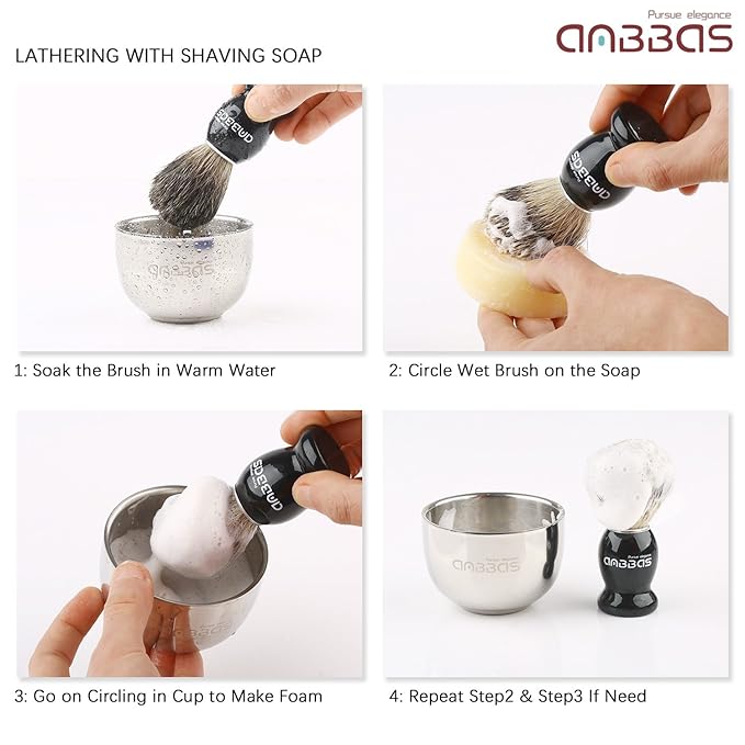 Anbbas Pure Badger Hair Shaving Brush and Bowl with Black ABS Wall Mounted Holder Stands for Lathering Bowl and Brush,3.5 oz Shaving Soap Refill,5in1 Set for Men Wet Shave