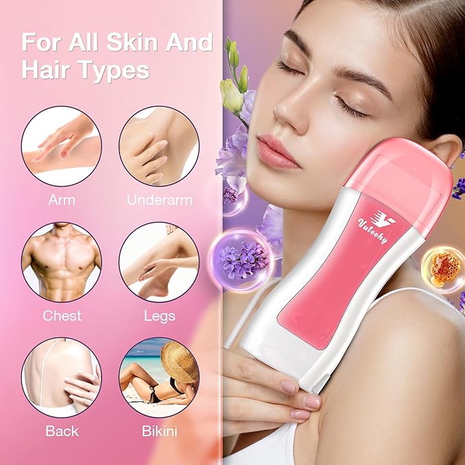 Roll on Wax Kit, Rolling Wax Hair Removal Kit for Women Men, Waxing Kit for Hair Removal, Roller Waxing Kit for All Skin Types, with Lavender and Honey Cartridges and 50 Pcs Strips