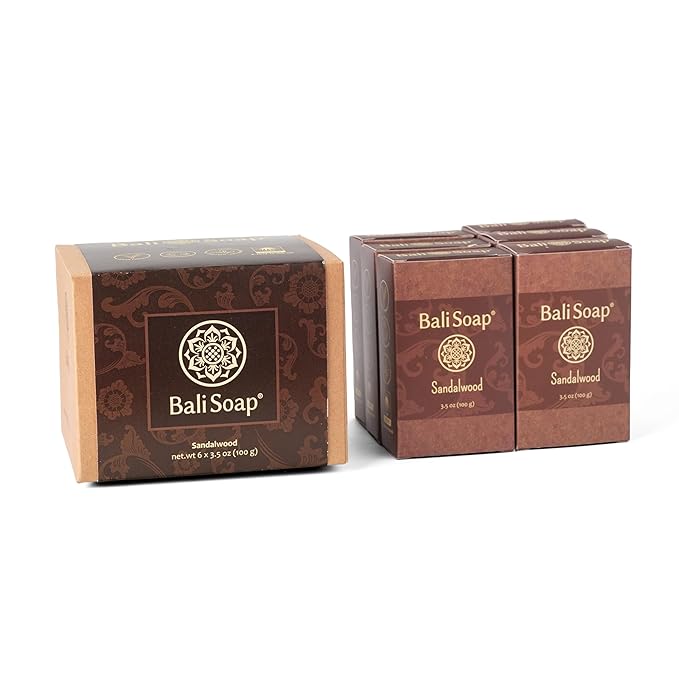 Bali Soap - Sandalwood Natural Soap Bar for Men & Women - Vegan, Handmade, Exfoliating, Moisturizing - 6 Pack, 3.5 Oz Each