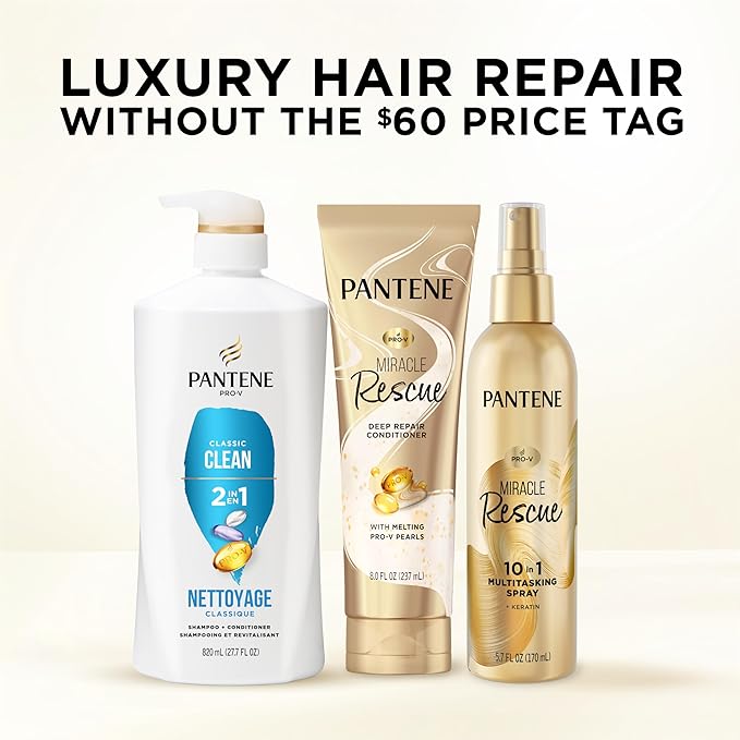 Pantene 2-in-1 Shampoo & Conditioner, Classic Clean - Pro-V Nutrients for Dry, Color-Treated Hair, Healthy Looking Hair Every Wash, Antioxidant-Rich, 27.7 Oz Each, 2-Pack + Rescue Shot (0.5 Oz)