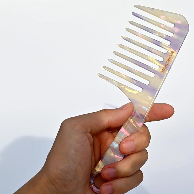 D1 | Wide Tooth Handle comb for Curly Hair| Elevates, Preserves Curl, Eliminates frizz, Acetate comb(White Purple)