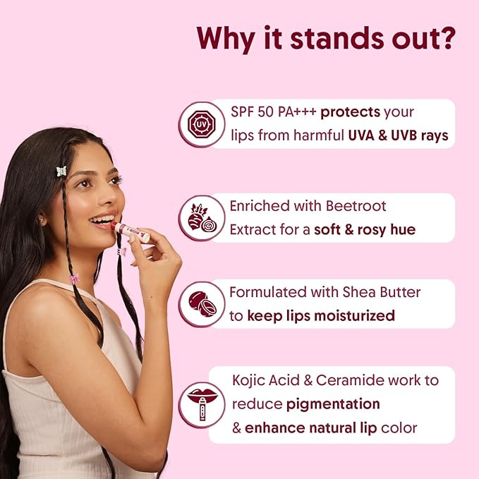 Aasrvi Sarganic Beetroot Tinted Lip Balm SPF 50 PA+++ | Brightening Lip Balm for Dark Lips | Hydrates Dry & Chapped Lips | Kojic Acid, Ceramide, Peptide & Vitamin E | Men & Women | 5g