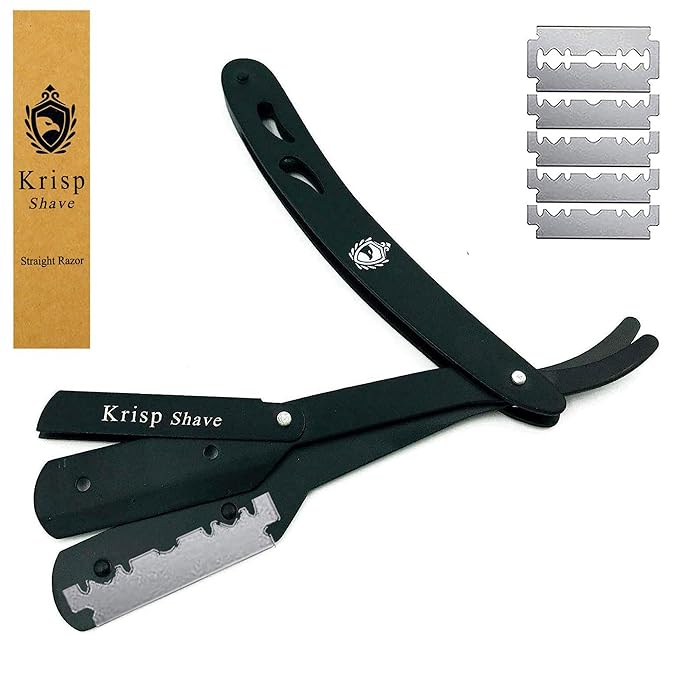 Professional Straight Razors For Men, Barber Razors, Straight Edge Razor Kit For Close Shaving - Beard Cut Throat Straight Razor Safety Shavette - 10 Shaving Blades By Krisp Beauty (Black)
