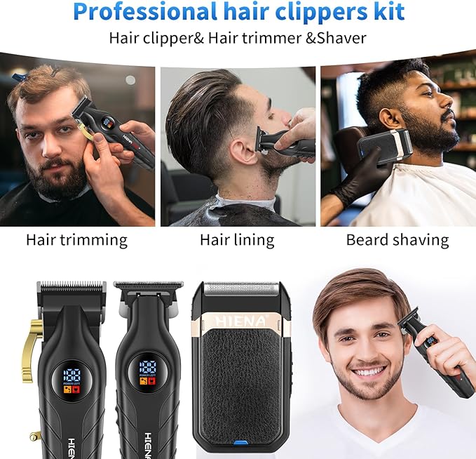 HIENA PRO Hair Clippers for Men Professional, Cordless Barber Clipper T-Blade Beard/Hair Trimmer Foil Shaver Full Barber Set, Electric Men's Hair Cutting Kit with LED Display and 8 Guide Combs