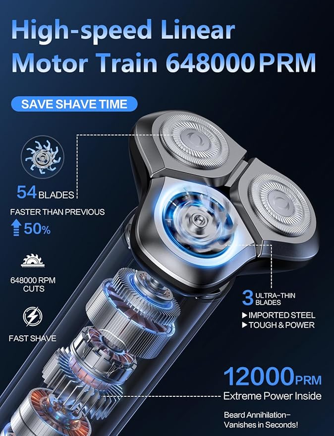 Electric Razor for Men,Electric Shavers for Men,3-Blade Rotary Shaving System,Waterproof Wet Dry Cordless Razor,Touch Switch,Type-C Fast Charging,Travel Lock,Digital Display,90+ Minutes Run Time