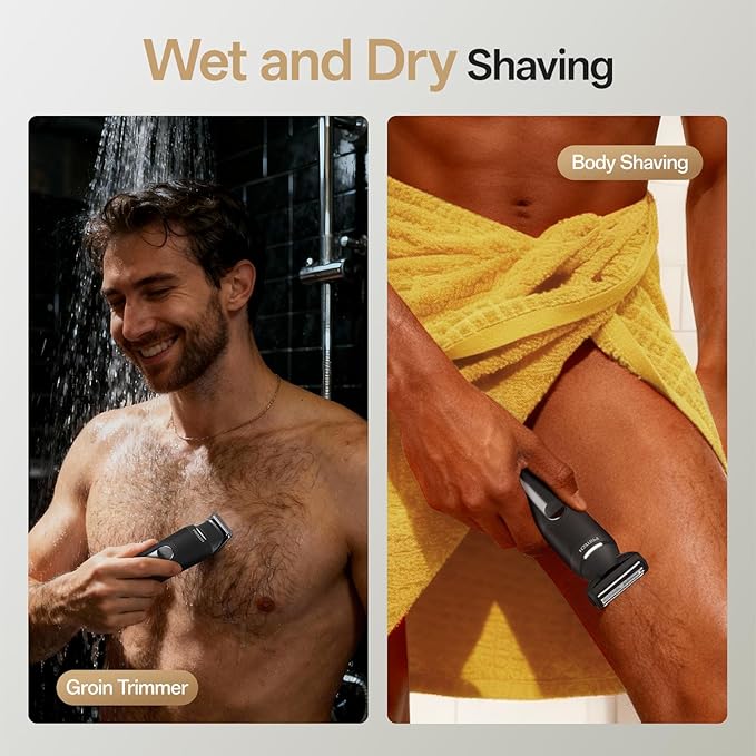 PRITECH Body Hair Trimmer for Men, Dual-Head Public Trimmer & Foil Shaver - Waterproof Electric Razor for Men Wet/Dry Groomer, USB-C Rechargeable Ball Shaver with Ceramic Blades & Travel Lock, Black
