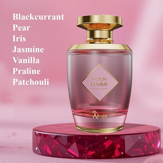 AHUJA Pour Femme Eau De Parfum 3.4oz – Luxurious Women’s Fragrance w/Notes of Floral Iris, Patchouli & Vanilla – Elegant, Long Lasting Perfume for Women