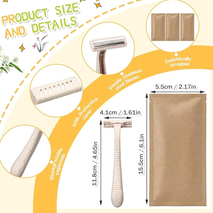 LemonRoad 100 Pcs Biodegradable Disposable Razors Bulk Individually Wrapped for Women Men Portable Twin Blade Wheat Straw Shavers for Hotel, Homeless, Shelter, Charity, Camping and Travel