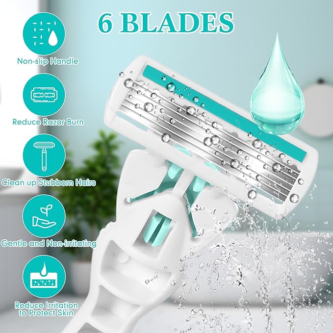 Lasnten 39 Pcs Disposable Women Razors 6 Blade Sensitive Skin Shaving Razor Set Include 3 Non Slip Handles and 36 Refills(Green)
