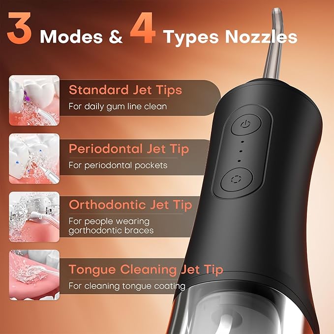 Water Flosser, Water Dental Flosser Pick for Teeth, 300ML IPX7 Waterproof Oral Irrigator, 3 Modes 4 Replaceable Jet Tips, Professional Flossing Cleaning Picks for Home Travel Gums, Braces Care