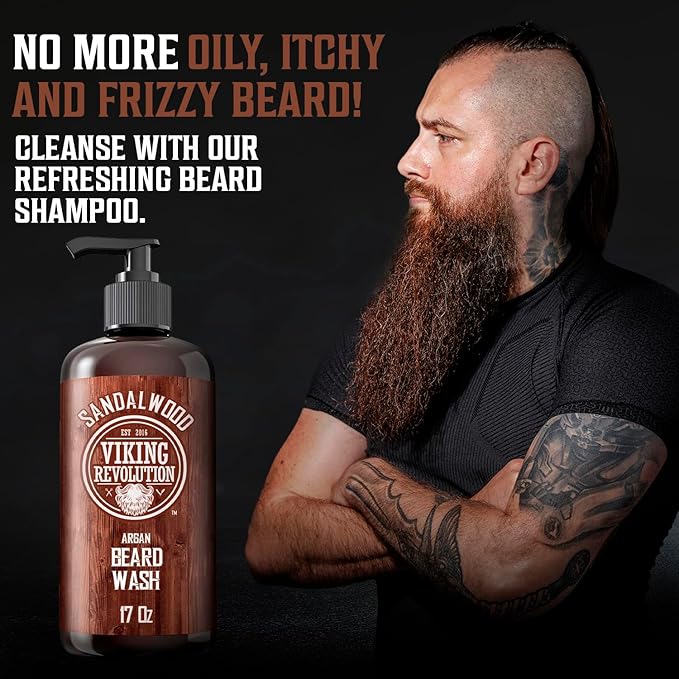 Viking Revolution Beard Wash Shampoo w/Argan & Jojoba Oils - Softens & Strengthens - Sandalwood Scent - 17 oz Shampoo