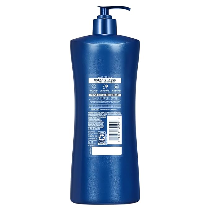 Suave Men Ocean Charge 2 in 1 Refreshing Shampoo & Conditioner with Pro Vitamin B5, Hydrates & Revitalizes Hair, Ocean Fresh Scent, 4 Count, 28 FL OZ Pump