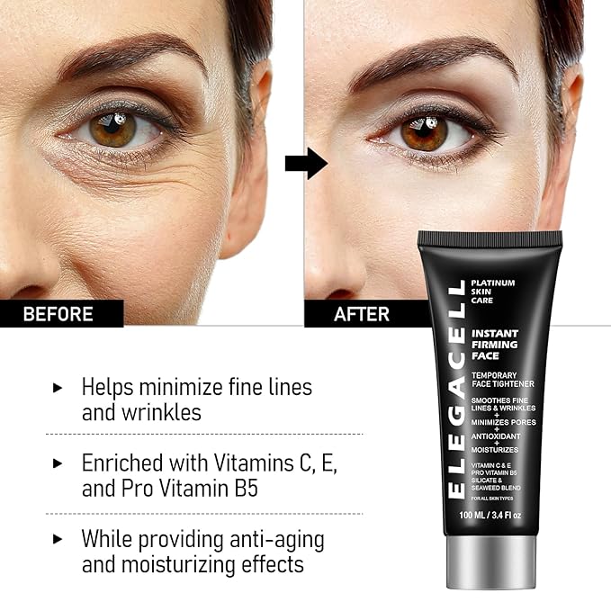 Elegacell Face Tightener Instant Face Lift Cream Temporary Frim Skin Tightening and Lifting Cream-Smooth the Look of Fine Lines - Daily Moisturizer for Women and Men - 100ml, 3.4 fl.oz