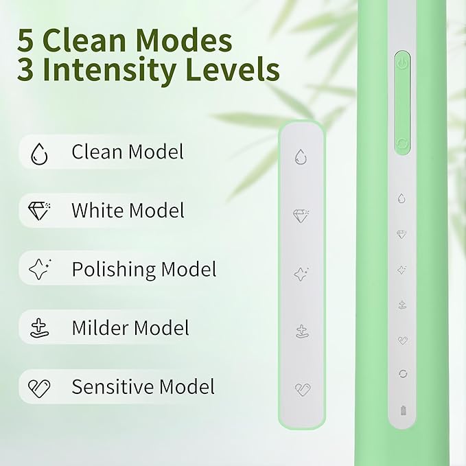 Bamboo Electric Toothbrush丨Rechargeable Electric Toothbrush with 4 Bamboo Heads, Soft Castor Oil Bristles,5 Moedes&3 Intensities, 45 Days Battery Life, IPX7 Waterproof-Light Green