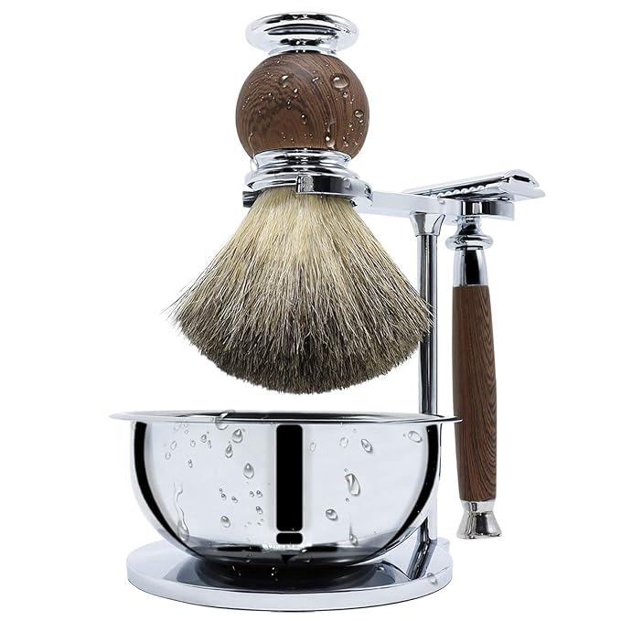 Jolitac Wet Shaving Kit For Men - Badger Hair Shaving Brush, Shaving Stand, Stainless Steel Shaving Bowl Mug, Double Edge Safety Razor, Men's Safety Razor Grooming Gift Set (Wood)