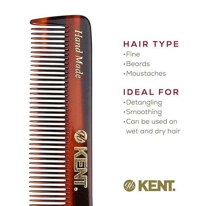 Kent NU22 Handmade All Fine Tooth Pocket Comb for Men, Women and Kids, Hair Comb Straightener for Everyday Grooming Styling Hair, Beard and Mustache, Saw Cut and Hand Polished, Made in England
